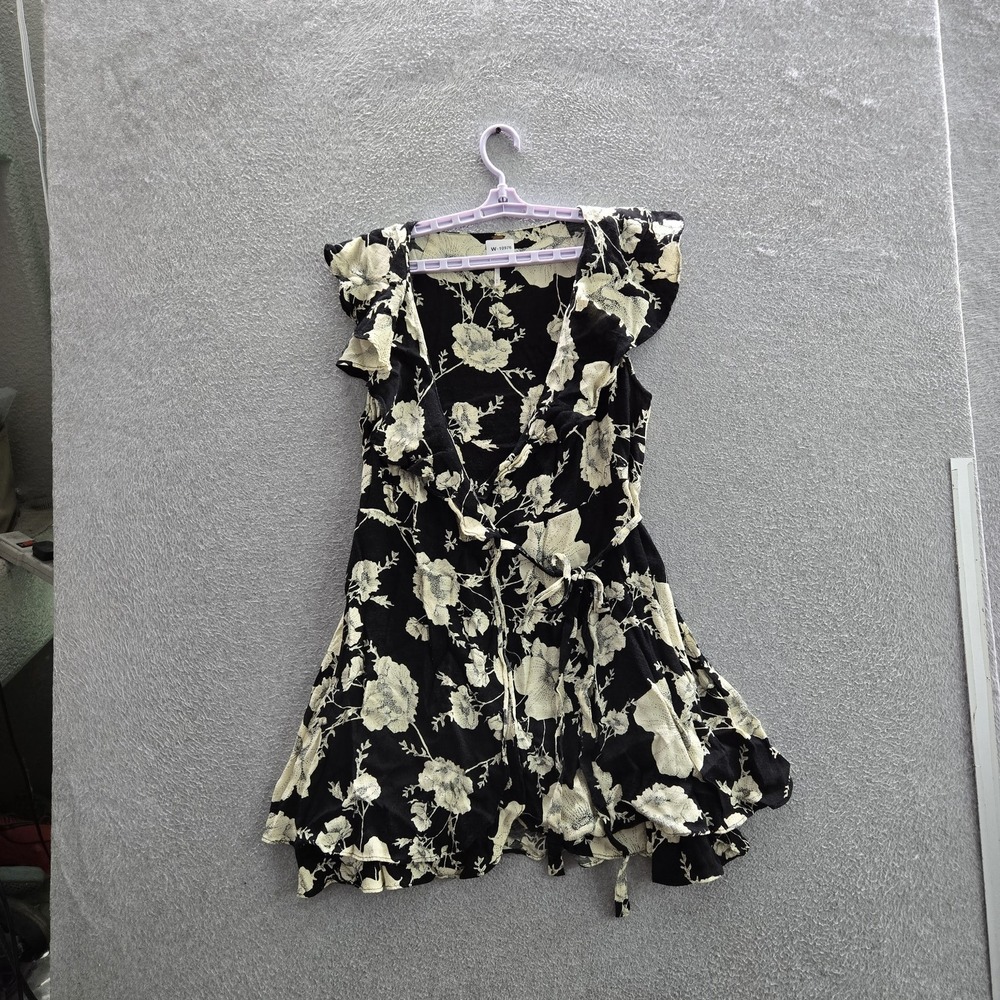 Free People Women Dress 8 Black Floral French Quarter Wrap Short Sleeve